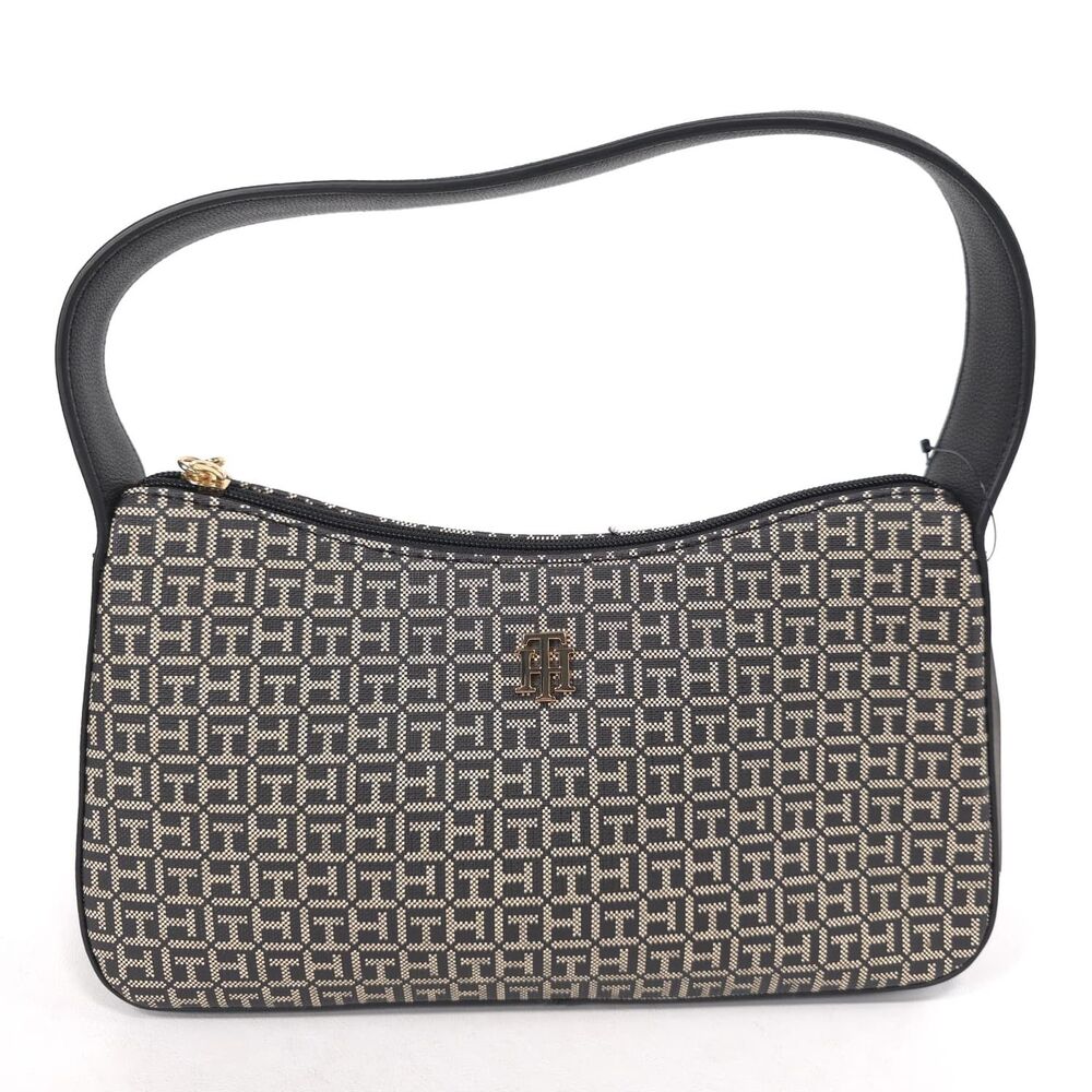 TOMMY HILFIGER Womens New Monogram Shoulder Bag Black Beige Logo Zip XW08961‎
